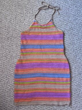 House of Harlow Striped Crochet Halter Mini Dress